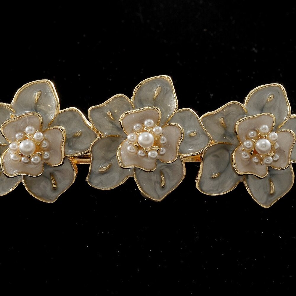 Hair Barrette Gold Tone Metal Enamel Flower Faux Pearl Top Hair Accessory 2 1/2"